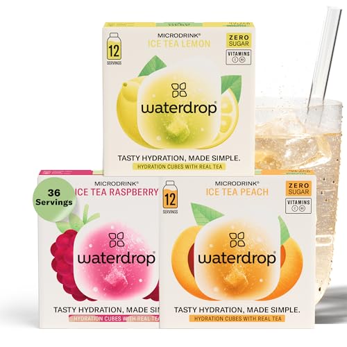 Waterdrop® Microdrink Iced Tea Set | 36 Ice Tea Drops Cubes | Zero Sugar Powder | 3 Fruity Varieties: Black Tea + Peach, Green Tea + Lemon, Black Tea + Raspberry | Valuable Vitamins