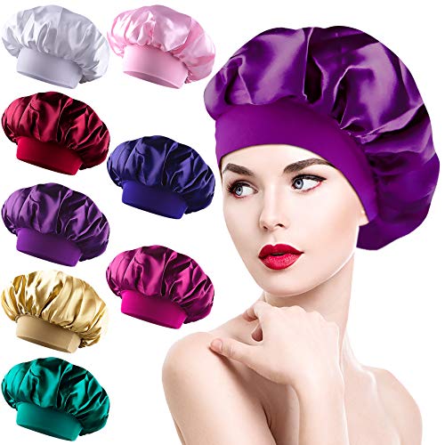 Duufin 8 Packs Satin Bonnets Sleeping Caps Hair Loss Cap Night Cap Salon Sleep Bonnet Cap Hat for Women