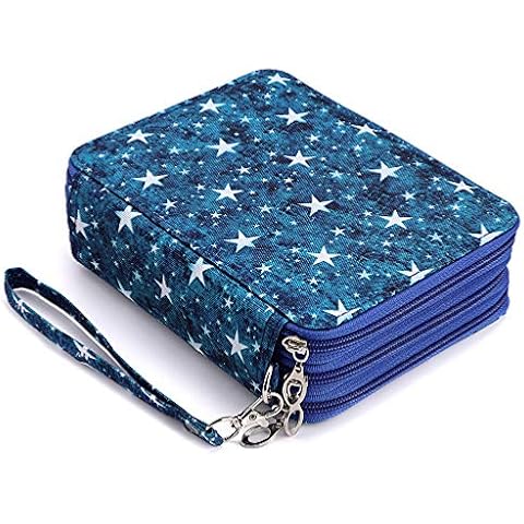 BSTKEY Multifunction 72 Slots Pen Pencil Case Holder - Pencil Bag Marker Case, Students Stationery Bag, Lipstick Bag (Pencils and Accessories Not Included) (Blue Stars) Cover