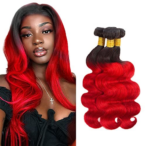 Ombre Human Hair Bundles 1B/Red Bundles Human Hair Weave 2 Tone Black and Fire Red Human Hair 3 Bundles 20 22 24 Inch Double Weft Dark Roots Bright Red Body Wave Bundles