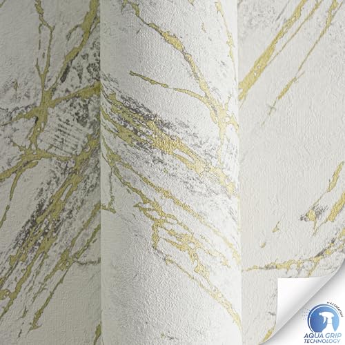 Livingwalls Wallpaper DESIGNDROP, precovered Non-Woven Wallpaper Marble in White, Gold, Grey, 10,05m x 0,53m - Image 3