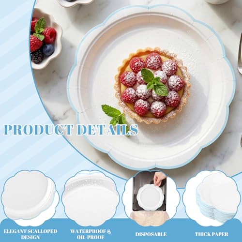 Image of NatNarr 30 Pcs Blue and White Plates 9 Inch Paper Plates with Blue Trim | Scalloped Dinner Plate Disposable Summer Plate for Baby Shower, Wedding, Bridal Shower, Birthday