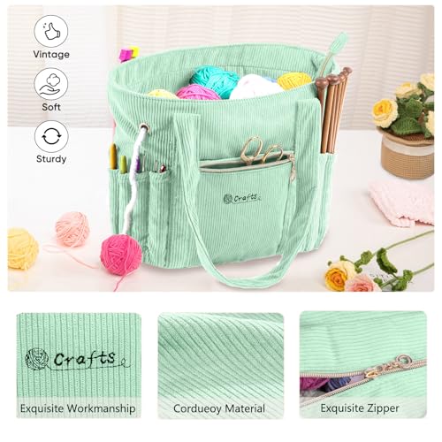 Image of MYBAGZING Corduroy Crochet Bag 11.5 inch Large Yarn Storage Tote with Grommets, Needle Holders - Knitting Bag Organizer for Crochet Hooks, Accessories, Tools & Projects -Gift for Knitters & Crafters