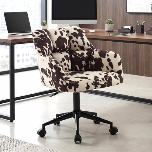Image of Modern Swivel Home Office Desk Chair with Wheels, Cow Print Velvet Height Adjustable Comfortable Ergonomic Upholstered Vanity Make up Chair, Cute Cowhide Computer Armchair for Living Room Home