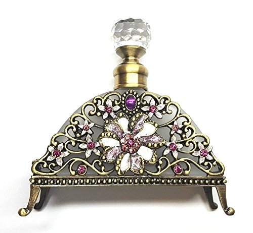 Antiqued Brass Pink/Purple Crystal Flower Frosted Glass Perfume Bottle