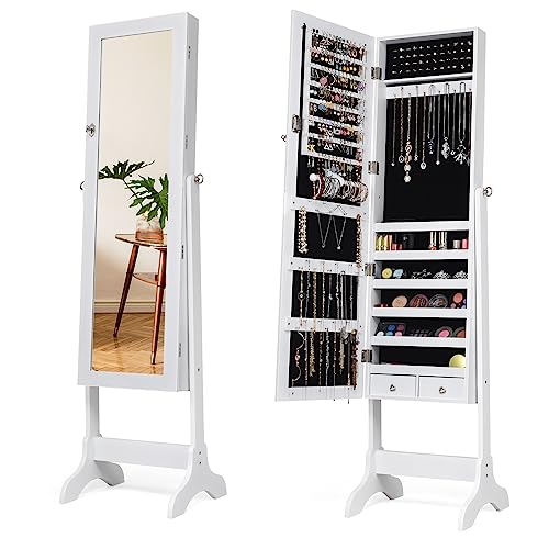 HOMASIS Armario para joyas de pie, Espejo de cuerpo entero con marco, Organizador de maquillaje con cerradura, Joyero 4 esquinas ajustables para anillos, ganchos para collares, 46x37x156cm (Blanco)