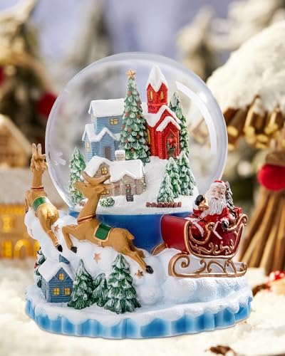 Bdor Christmas Village Snow Globe Musical Lighted Decoration Santa Reindeer Sled Battery Operated Glitter 8.3\" H Ornament Waterglobe for Christmas Kids Holiday Season Home Decor Tabletop