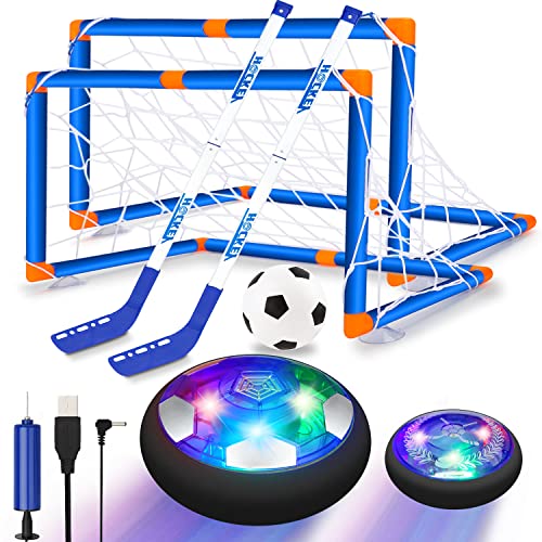 Hover Hockey Football Set - 3-in-1 Boys Toys Rechargeable LED Hover Football with 2 Goals Foam Bumpers Hover Soccer Ball Air Floating Football Gifts for Boys Girls Kids 3 4 5 6 7 8 9-12