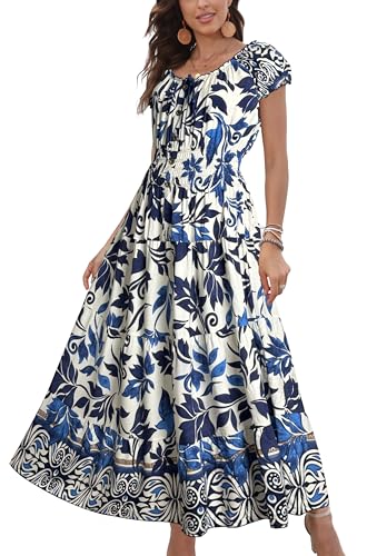 Image of OSTOO Women's Floral Maxi Dress Boho Summer Short Sleeve Smocked Waist Tiered Long Dress