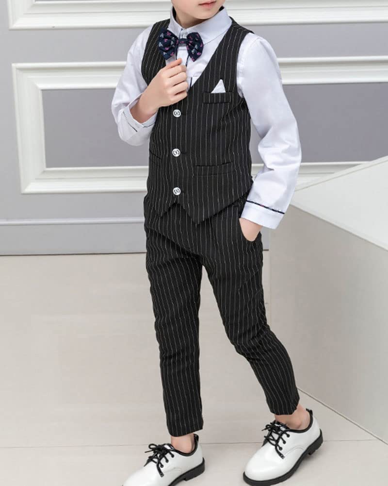DAIHAN Ragazzi Abbigliamento Formale Vestito da Smoking a Righe con Gilet Maglia a Maniche Lunghe Cravatta a Farfalla Panciotto Pantaloni Abiti Slim Fit per la Festa di Compleanno di Matrimonio