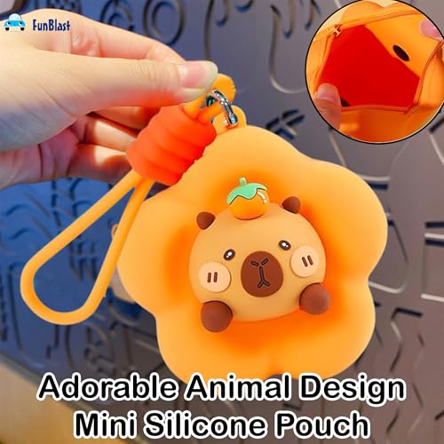 Image of FunBlast Soft Silicone Coin Pouch - Cute Animal Design Mini Purse with Strap, Multipurpose Silicone Pouch, Small Zipper Wallet for Kids & Girls, Kawaii Coin Bag - 9 X 9 X 6.5 cm (Orange)