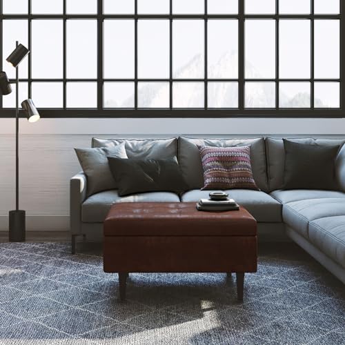 SIMPLIHOME Shay 34 inch Wide Mid Century Modern Small Rectangle Coffee Table Storage Ottoman in Distressed Saddle Brown Vegan Faux Leather, Assembled, For the Living Room, Entryway and Family Room