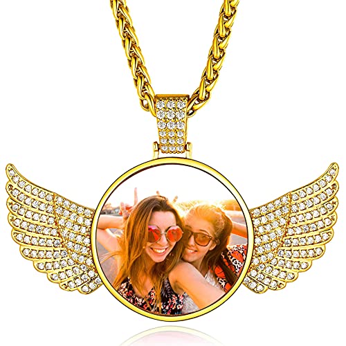 Custom4U Picture Necklace Personalized Photo for Men Women Steel/18K Gold Plated/Black Custom Angel Wings/Heart Pendant Necklace with Picture Memory Circle Chain 18-30 Inch,Hip Hop Jewelry+G