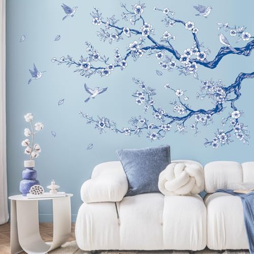 SHUCHING Stickers Muraux Branches de Fleurs Bleues, Autocollant Mural Fleurs Bleues et Blanches, Décoration Murale pour Chambre Salon Canapé Salle de Bain
