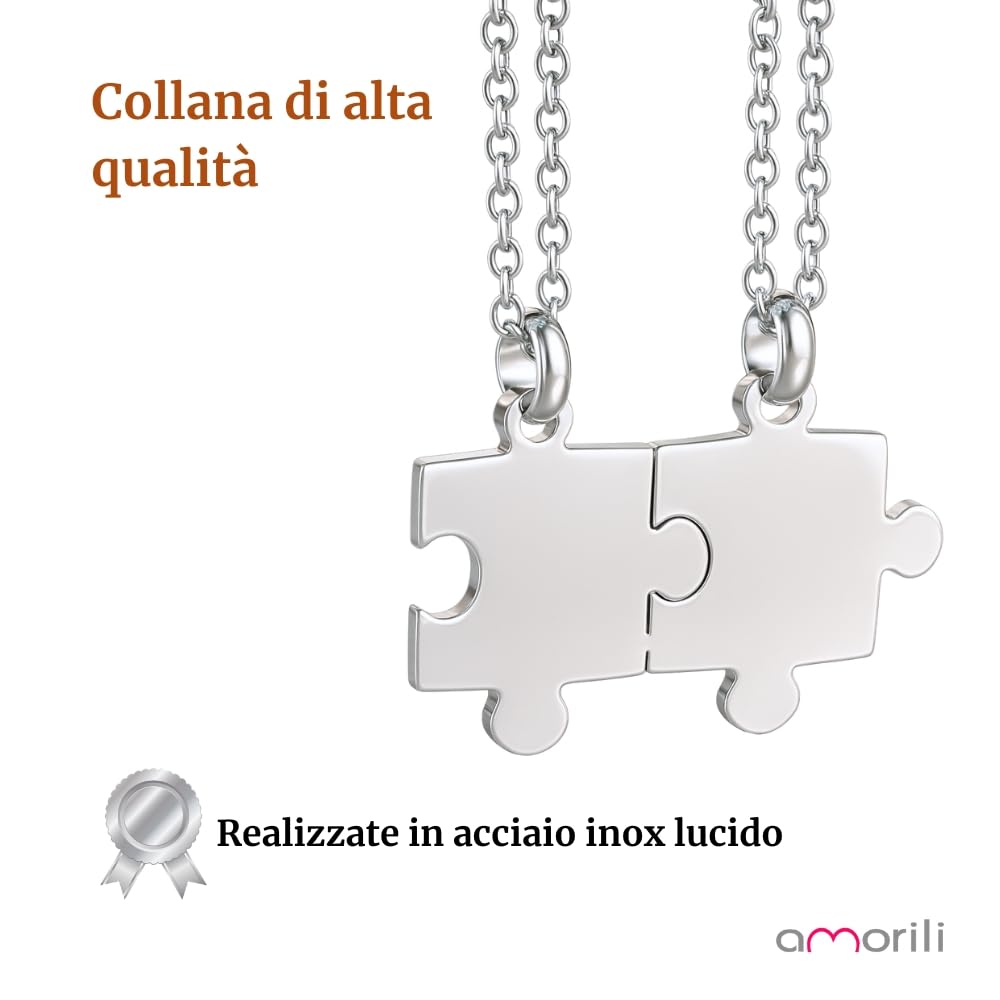 Collana Coppia Puzzle che si Divide a Metà in Acciaio Inox Lucido | Gioiello per Fidanzati e Migliori Amiche | Ciondolo Metà Cuore Amicizia Amore | Idea Regalo per Lei e Lui cll1881b