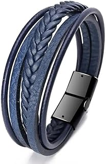 Mens Leather Bracelet Multilayer Braided Magnetic Closure Blue