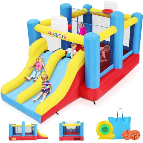 Image of AKEYDIY Inflatable Bounce House, Outdoor Indoor Bouncy House with Blower for Kids, Sports Ball Game Theme Park Bouncer w /Double Slide, Large Bounce Area, 2 Basketball Hoops, Removable Volleyball Net