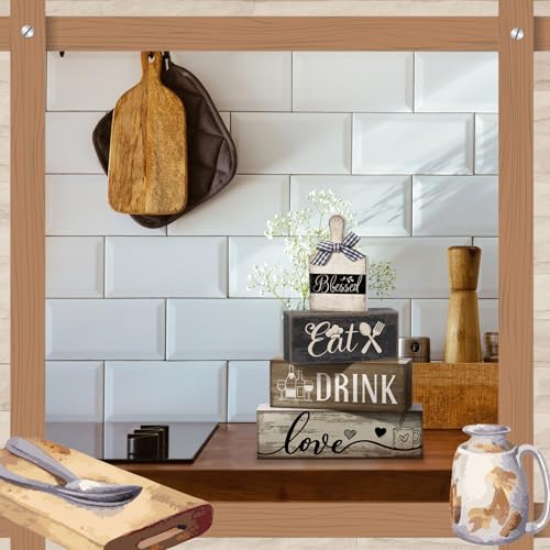 Image of Moucuny 4 Pcs Farmhouse Kitchen Decor Wooden Plate Farmhouse Table Decor Black Brown and White Plate Tableware Centerpiece Rustic Decorative Plates Block Sign for Display Cabinet Kitchen Decoration