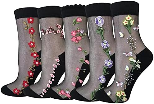 5 Pairs Women Sheer Socks Thin Summer Socks Liners Lace Tulle Ankle Transparent Cute Cuff Socks (ONE SIZE FITS ALL, 5 pairs black sheer floral 1)