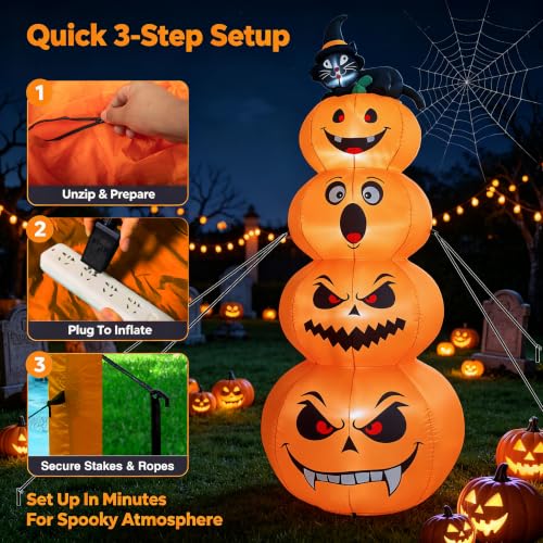 Image of 8FT Halloween Inflatable Stacked Pumpkins with Black Cat & LED Lights