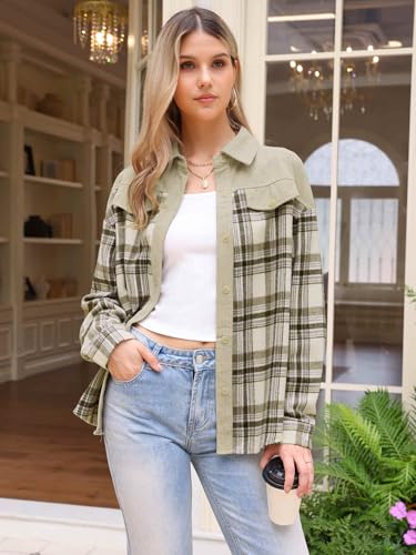 Allegra K Flannel Shirt for Women Button Down Color Block Corduroy Jacket Long Sleeve Plaid Shirts4
