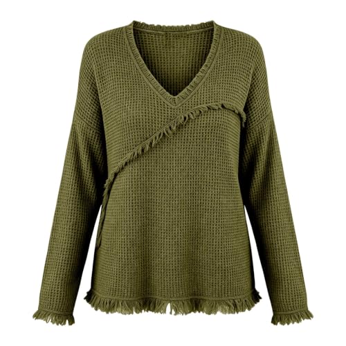 Waffle Knit Tops For Women Vintage Long Sleeve V Neck Frayed Raw Shirts - image 4