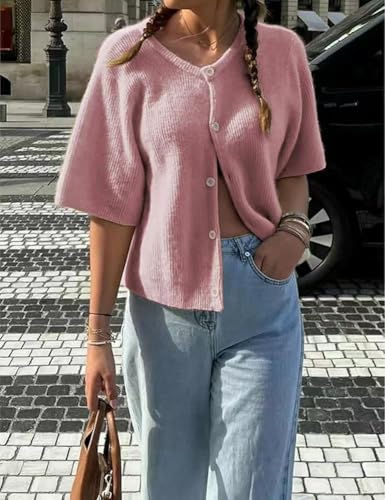 Image of Sumleno Womens Ribbed Knit Cardigan Y2k Crop Top Short Sleeve Button Down Open Front Sweater Loose Casual Cardigan