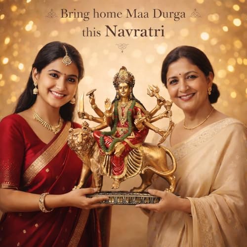 Image of ARMONIA Maa Durga Idol with Lion - Sherawali Mata Murti for Home Decor, Puja Mandir & Office Desk | Vaishno Devi Durga Mata Statue |Antique Polystone Goddess Idol for Navratri Gift (Height:12.20 Inch)