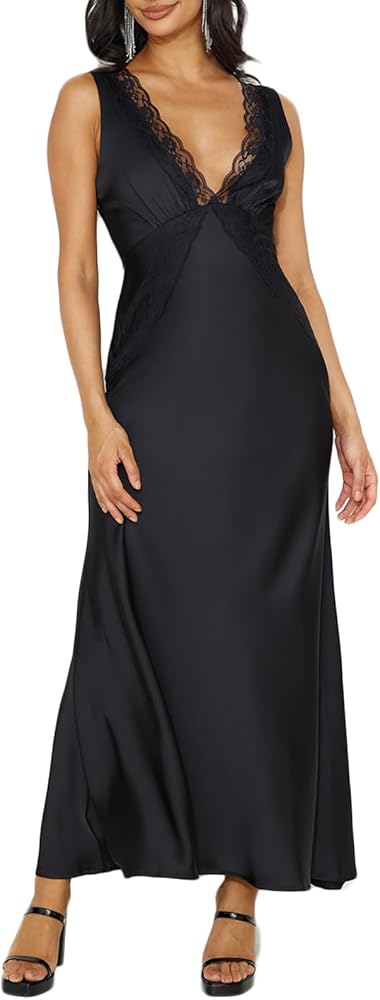Amazon.com: BAGONE Summer Satin Lace V Neck Backless Wedding Guest