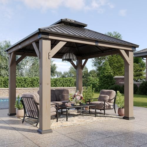 Image of Aoxun 10' x 10' Outdoor Wood Gazebo, Hardtop Gazebo Permanent Wooden Pavilion with Galvanized Steel Double Roof, for Patio, Garden, Deck, Cedar Wood, Grey