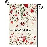 Baccessor Valentines Day Welcome Garden Flag 12.5 X 18 Inch Vertical Double Sided Red Love Heart Floral Yard Spring Farmhouse Holiday Outdoor Outside Welcome Lawn Decoration