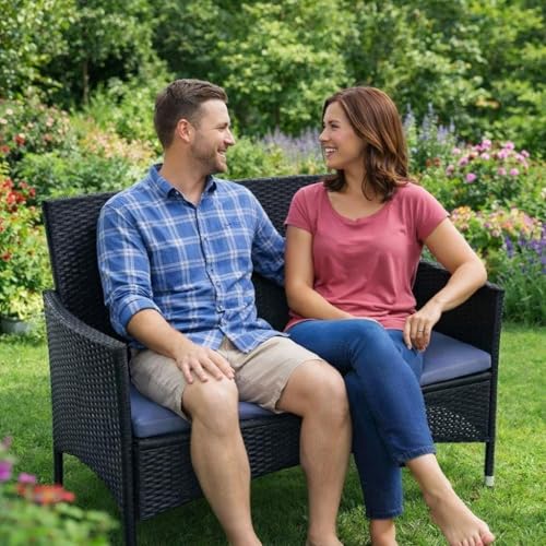 ESTEXO Polyrattan Gartenbank Rattan Gartenmöbel 2-Sitzer Sitzbank mit Sitzkissen Rattanmöbel Bank (Schwarz)