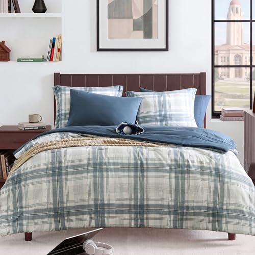Image of MaiReve Plaid Full Comforter Sets, Blue Grey Grid Farmhouse Bedding Set Bed in A Bag, Classic Checkered Comforter Sets with Fitted & Flat Sheet, Pillowcases & Shams(Blue Grey, 80 inchx90 inch)