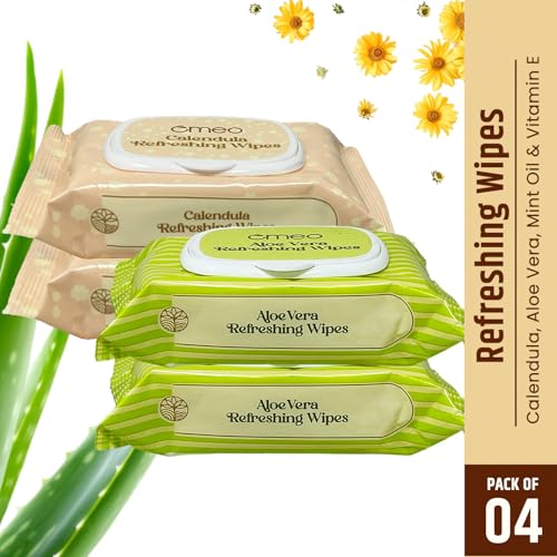 Image of Omeo Aloe Vera (Pack of 2) and Calendula (Pack of 2) Refreshing & Hydrating Wet Wipes, 25N in Each | Face Cleansing, Makeup Remover Wipes with Mint Oil & Vitamin E | Sulphate, Paraben & Alcohol Free - Women and Men