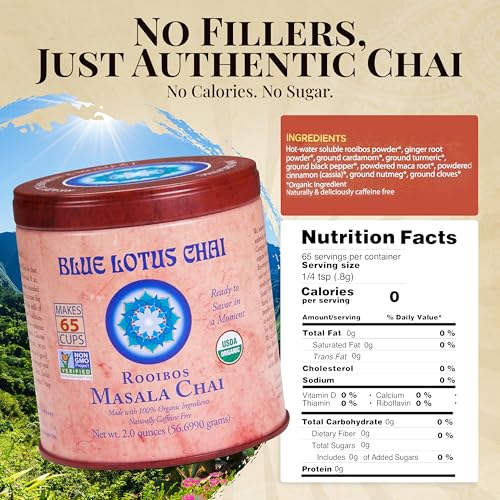 Blue Lotus Chai - Rooibos Flavor Masala Chai - Makes 65 Cups - 2 Ounce Masala Spiced Chai Powder with Organic Spices - Instant Indian Tea No Steeping - No Gluten