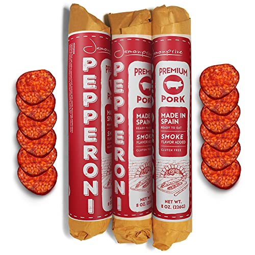 Pepperoni Stick 24 Oz Made In Spain - Premium Pork Salami Sausage Jamonprive - Cut Your Own Cured Pepperoni Slices For Pizza - Gluten Free (8 Oz Each, Pack Of 3 Units) #TOP2