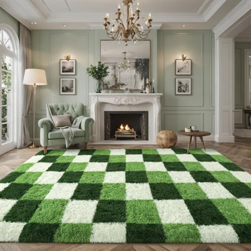Nuttumico Large Aesthetic Bedroom Rug, 6x9 Ft Fluffy Green Checkerboard Carpet for Living Room, Thickened Memory-Foam Area Rug for Kids Nursery Dorm, Anti-Slip and Easy to Clean