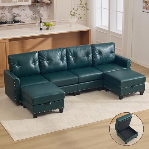 Image of 105 inch Faux Leather Modular Sectional 4 Seater Couch with 2 Storage Ottomans, Vintage PU Leather U Shaped Sofa with Nailhead Trim, Mid Century Modern Tufted Couches for Living Room, Office, Forest Green