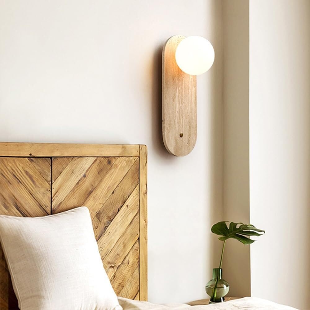Applique da parete con globo di vetro e pietra travertino, stile nordico, ideale per camera da letto o soggiorno, attacco G9.
