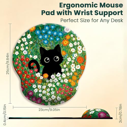 Image of ZORBES Ergonomic Mouse Pad with Wrist Support, Black Cat Floral Memory Foam Wrist Rest Mouse Pad, Non-Slip Base Smooth Surface Desk Mat for Office, Gaming & Home Workspace