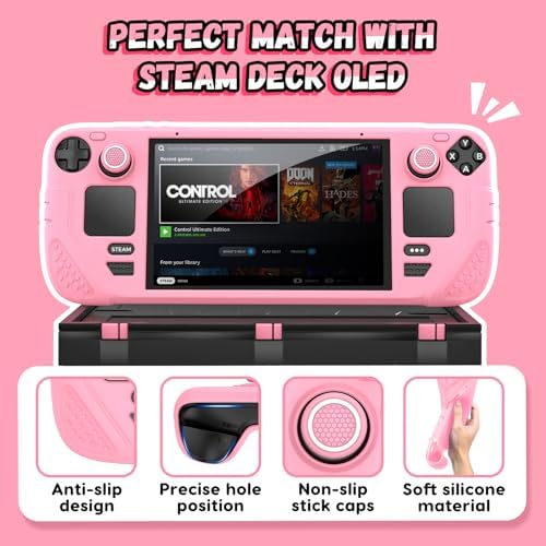 IINE Protective Case for Steam Desk OLED, Steamdesk OLED Silicone Cover Case, 9-in-1 Protective Silicone Shell with Anti-Scratch Cover Protector, Game Accessories Set,Pink - 3