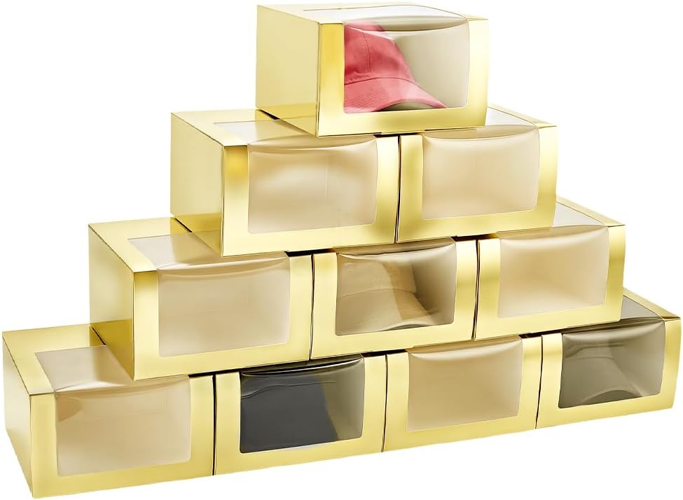 PH PandaHall 10 Pack Hat Storage Box with Window Baseball Cap Display Box 7.6x7.6x4.7 Inches Square Hat Box Snapback Storage Container for Baseball Cap Men Women Home Christmas Birthday Party, Gold