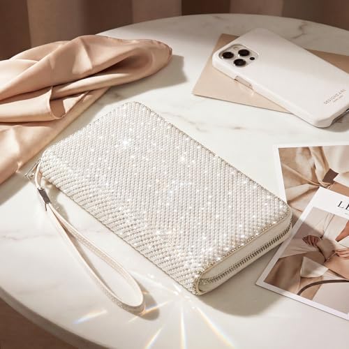 Image of MotiMind White Bling Gift Glitter Sparkly Wallet for Women Rhinestone /Pearl Wallet RFID Blocking Phone Purse Gifts for Mother's Day (Pearl)