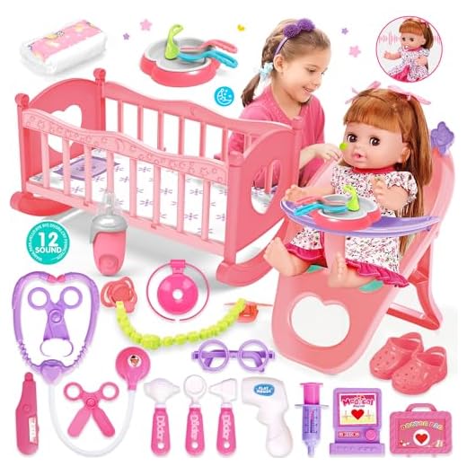 Baby Doll Toys Set, 14" Doll Toys, 15Pcs Doll Care Toy Playset, Toddlers Toy Doll Set Incl Cradle Crib, High Chair, Milk Bottle, Pacifier, Diaper, Baby Toy Gift for Age 3 4 5 6+ Years Old Girls Boys