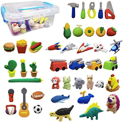 42Pcs Animal Fruit Vehicle Pencil Dessert Erasers Bulk Kids Take Apart Food Puzzle Eraser Toys Pull Apart Fun Erasers for Party Favors, Classroom Rewards Prizes, Carnival Gifts and School Supplies