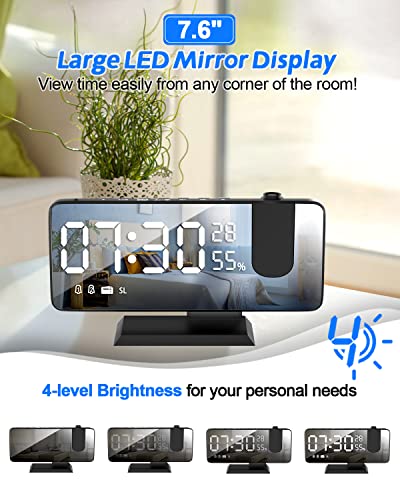 Peyou Projection Alarm Clock With Usb Charger, Digital Alarm Clock For Bedroom With Adapter, 7.4" Mirror Display, 4-Dimmer, 180° Rotable, Snooze, Dual Alarm Clock For Heavy Sleepers Adults Kids #TOP1