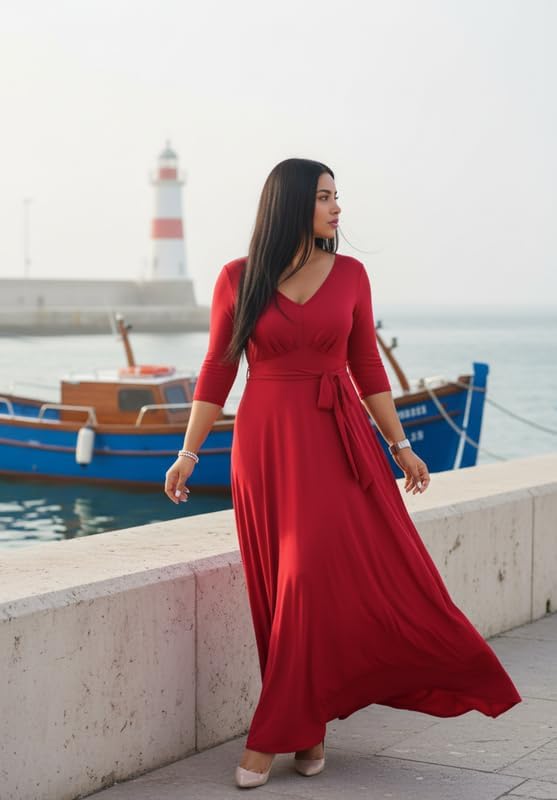 Maxi Dress for Women 3/4 Sleeves V-Neck Semi Formal Church Long Casual Dresses with Pockets - Image 2