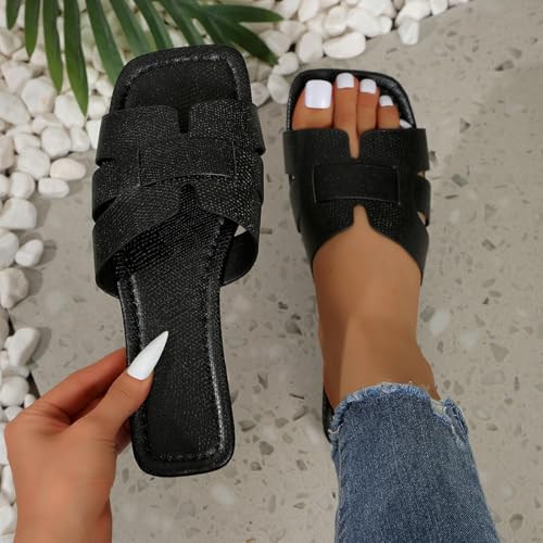 Image of Women's Dressy Casual Flat Sandals, Elegant Comfortable Slip-On Slides with Textured Upper, Versatile Dressy Style for Everyday Wear