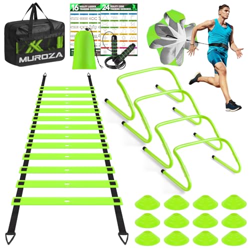 Agility Ladder Speed Training Equipment Set-20 ft Agility Ladder, 12 Soccer Cones, 4 Hurdles, Jump Rope, Running Parachute, Basketball Football Soccer Training Equipment for Youth, Adults