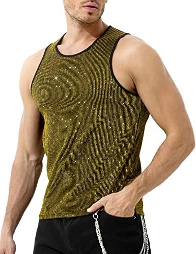 Arjen Kroos Men’s Sequin Sleeveless Tank Top Sparkly Rave Metallic T-Shirt